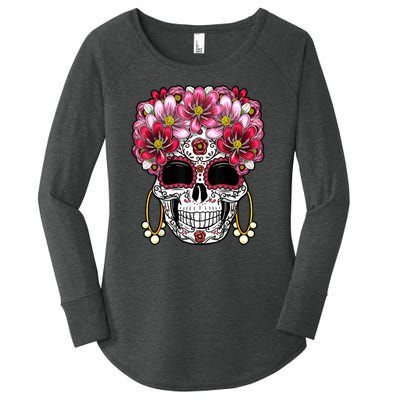 Floral Sugar Skeleton Cool Graphic Skull Women's Perfect Tri Tunic Long Sleeve Shirt