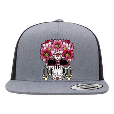 Floral Sugar Skeleton Cool Graphic Skull Flat Bill Trucker Hat