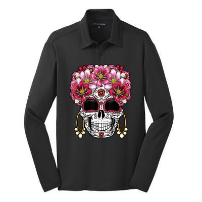 Floral Sugar Skeleton Cool Graphic Skull Silk Touch Performance Long Sleeve Polo