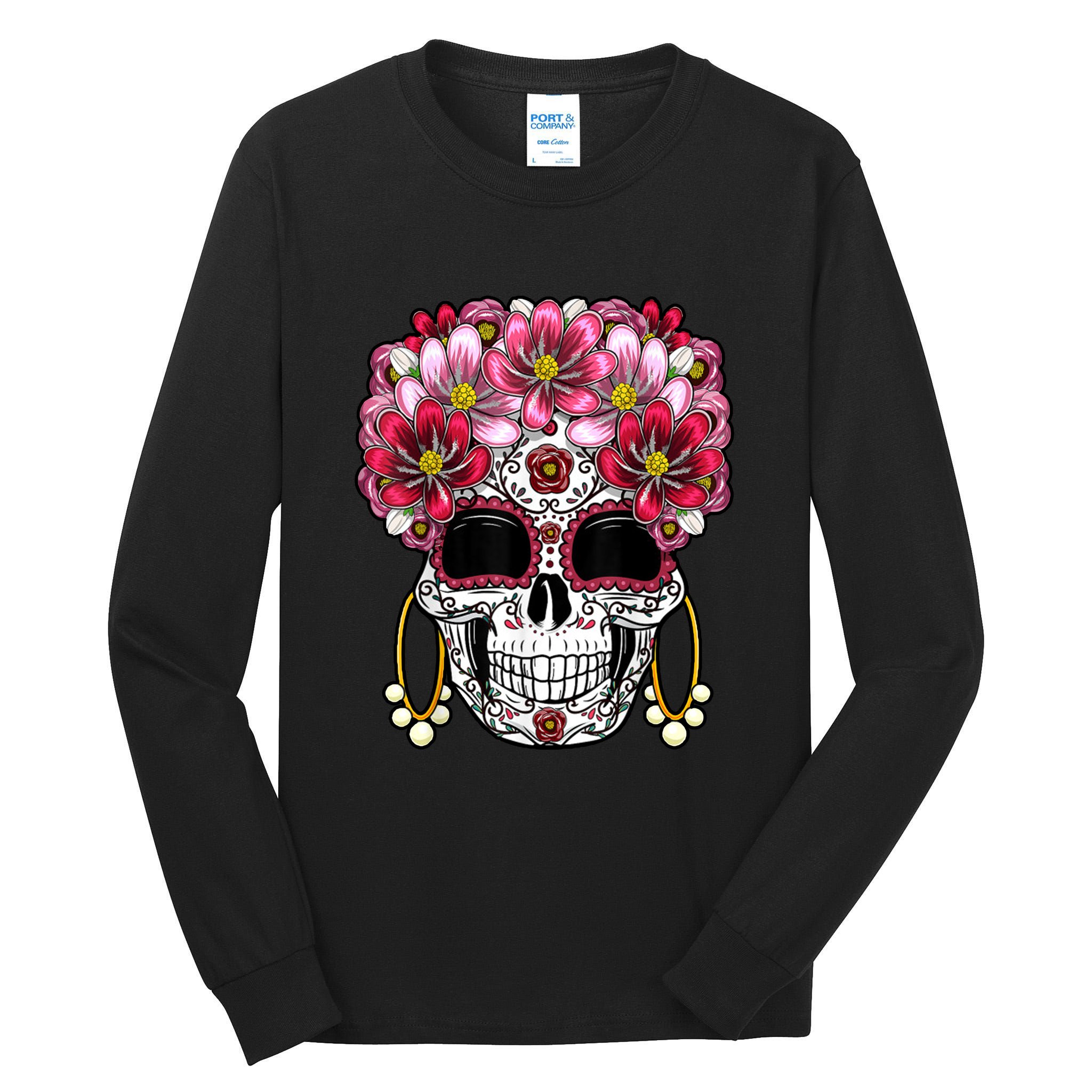 Floral Sugar Skeleton Cool Graphic Skull Tall Long Sleeve T-Shirt