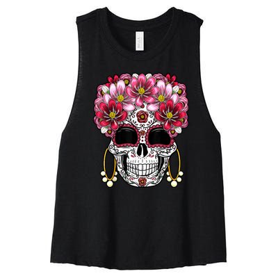 Floral Sugar Skeleton Cool Graphic Skull Women's Racerback Cropped Tank