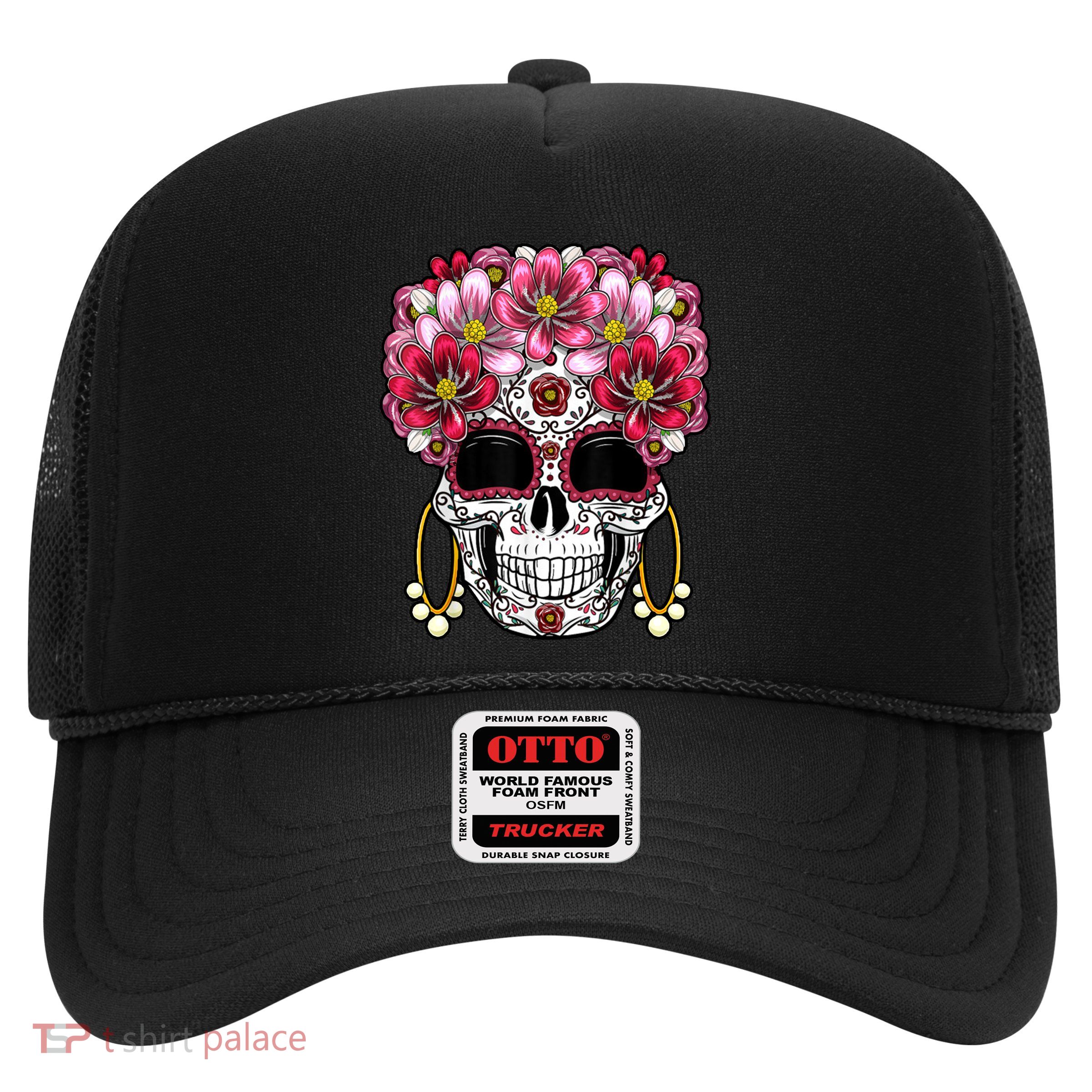 Floral Sugar Skeleton Cool Graphic Skull Trucker Hat