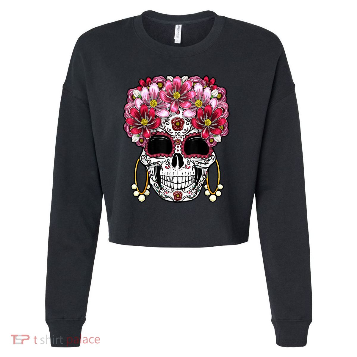 Floral Sugar Skeleton Cool Graphic Skull Cropped Pullover Crew
