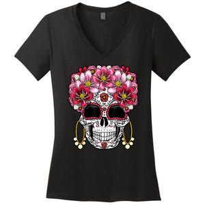 Floral Sugar Skeleton Cool Graphic Skull Women's V-Neck T-Shirt