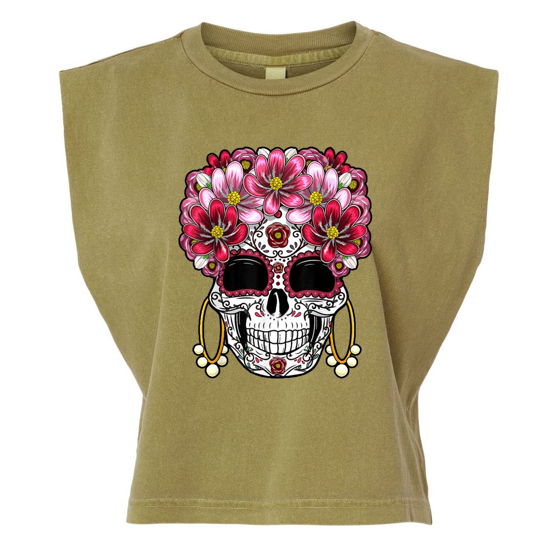Floral Sugar Skeleton Cool Graphic Skull Garment-Dyed Women's Muscle Tee