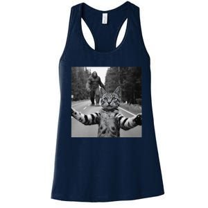 Funny Surprised Scared Cat Selfie With Sasquatsch Bigfoot Women's Racerback Tank