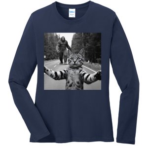 Funny Surprised Scared Cat Selfie With Sasquatsch Bigfoot Ladies Long Sleeve Shirt