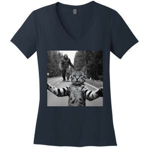 Funny Surprised Scared Cat Selfie With Sasquatsch Bigfoot Women's V-Neck T-Shirt