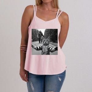 Funny Surprised Scared Cat Selfie With Sasquatsch Bigfoot Women's Strappy Tank