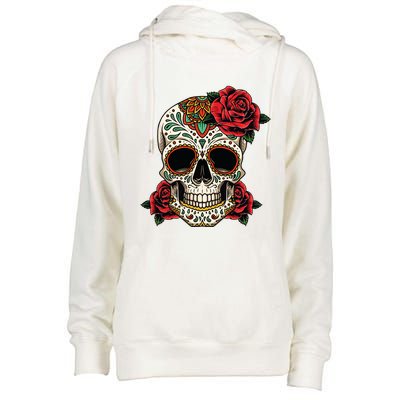 Floral Sugar Skull Day Of Dead Dia De Los Muertos Womens Funnel Neck Pullover Hood