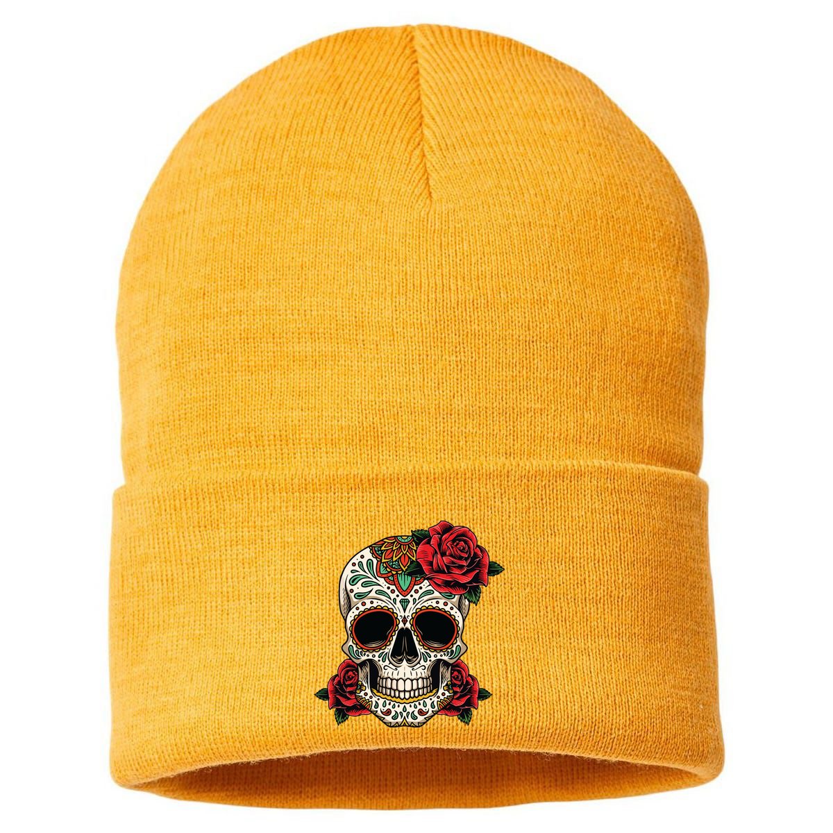 Floral Sugar Skull Day Of Dead Dia De Los Muertos Sustainable Knit Beanie