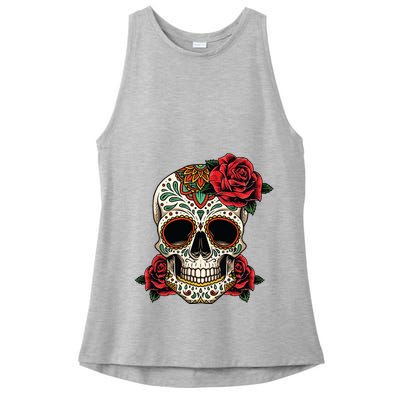 Floral Sugar Skull Day Of Dead Dia De Los Muertos Ladies PosiCharge Tri-Blend Wicking Tank