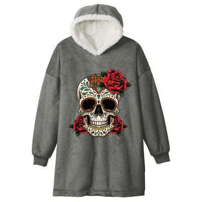Floral Sugar Skull Day Of Dead Dia De Los Muertos Hooded Wearable Blanket