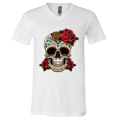 Floral Sugar Skull Day Of Dead Dia De Los Muertos V-Neck T-Shirt