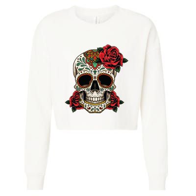 Floral Sugar Skull Day Of Dead Dia De Los Muertos Cropped Pullover Crew