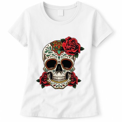 Floral Sugar Skull Day Of Dead Dia De Los Muertos Womens T-Shirt