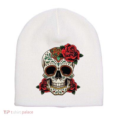Floral Sugar Skull Day Of Dead Dia De Los Muertos Short Acrylic Beanie