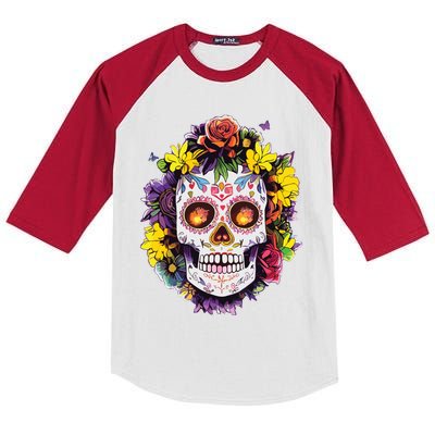 Floral Sugar Skull Day Of The Dead Dia De Muertos Kids Colorblock Raglan Jersey