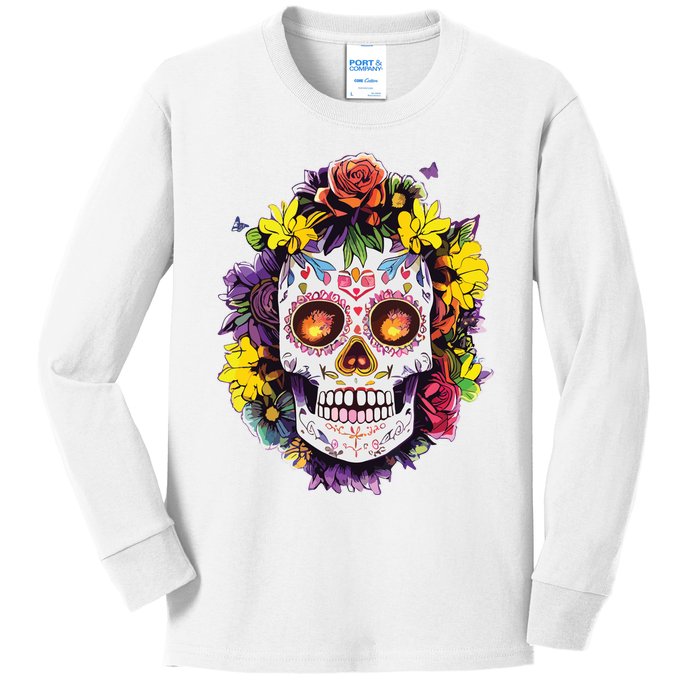 Floral Sugar Skull Day Of The Dead Dia De Muertos Kids Long Sleeve Shirt