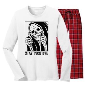 Funny Skull Stay Positive Skeleton Halloween Motivational Women's Long Sleeve Flannel Pajama Set 