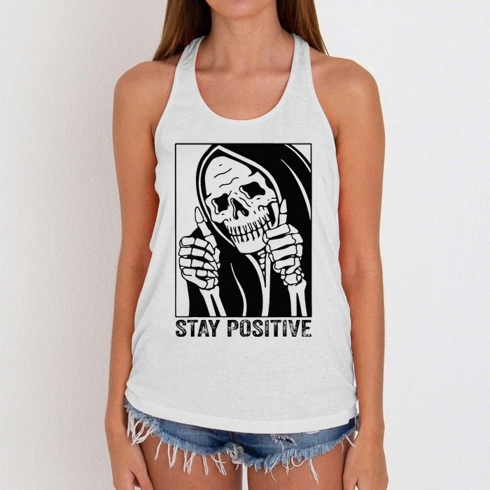 Funny Skull Stay Positive Skeleton Halloween Motivational Women's Knotted Racerback Tank