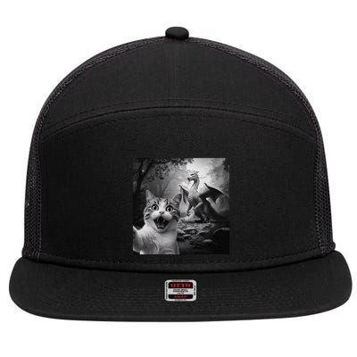 Funny Surprised Scared Cat Selfie With Dragon 7 Panel Mesh Trucker Snapback Hat