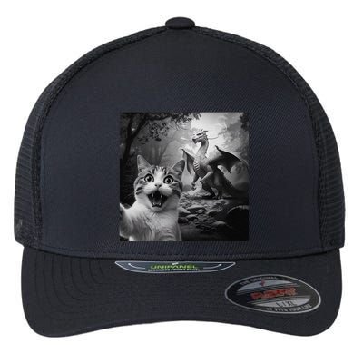 Funny Surprised Scared Cat Selfie With Dragon Flexfit Unipanel Trucker Cap