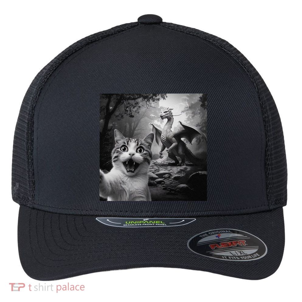 Funny Surprised Scared Cat Selfie With Dragon Flexfit Unipanel Trucker Cap