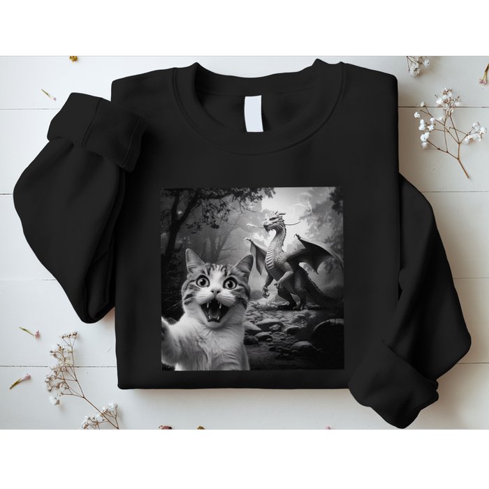 Funny Surprised Scared Cat Selfie With Dragon Sweatshirt