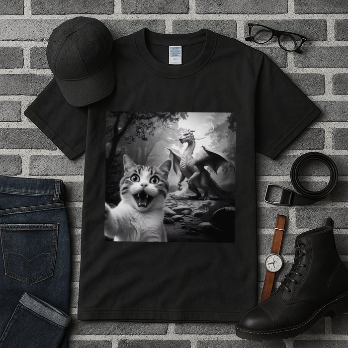 Funny Surprised Scared Cat Selfie With Dragon Tall T-Shirt