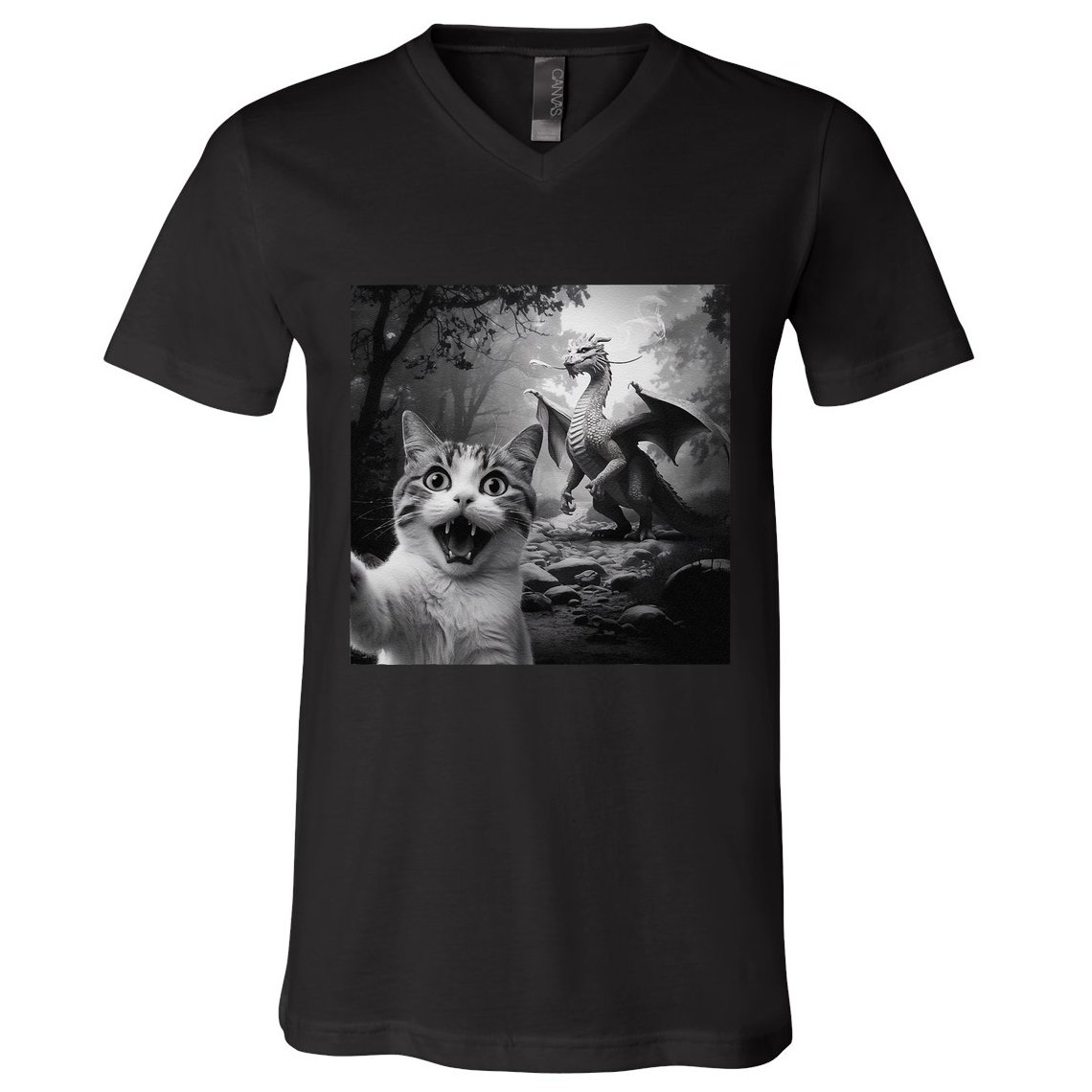 Funny Surprised Scared Cat Selfie With Dragon V-Neck T-Shirt