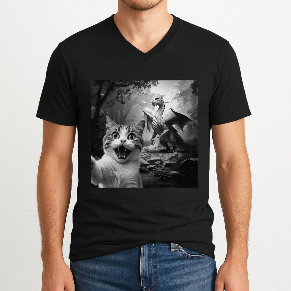 Funny Surprised Scared Cat Selfie With Dragon V-Neck T-Shirt