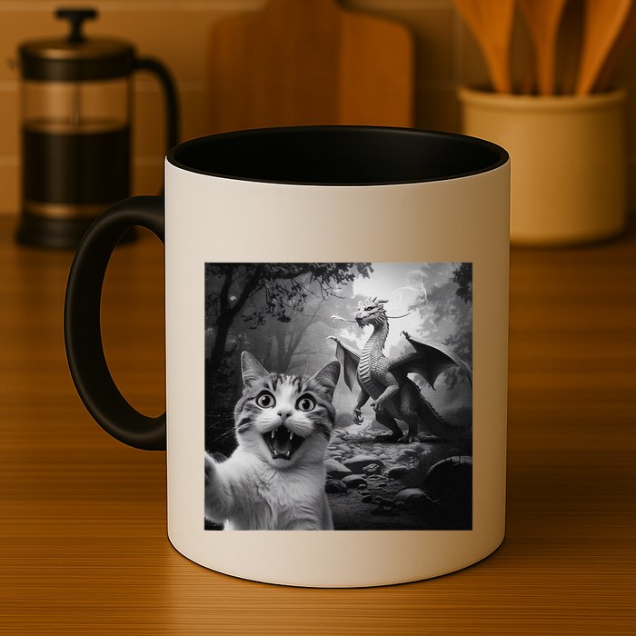 Funny Surprised Scared Cat Selfie With Dragon Mug