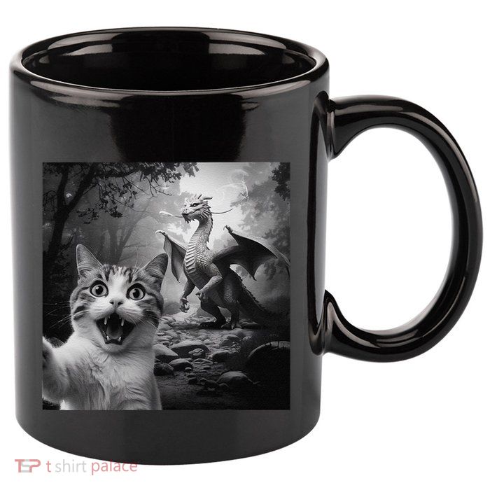 Funny Surprised Scared Cat Selfie With Dragon 11oz C Handle Ceramic Mug
