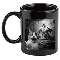 Funny Surprised Scared Cat Selfie With Dragon 11oz C Handle Ceramic Mug