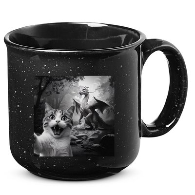 Funny Surprised Scared Cat Selfie With Dragon 15oz Campfire Ceramic Mug