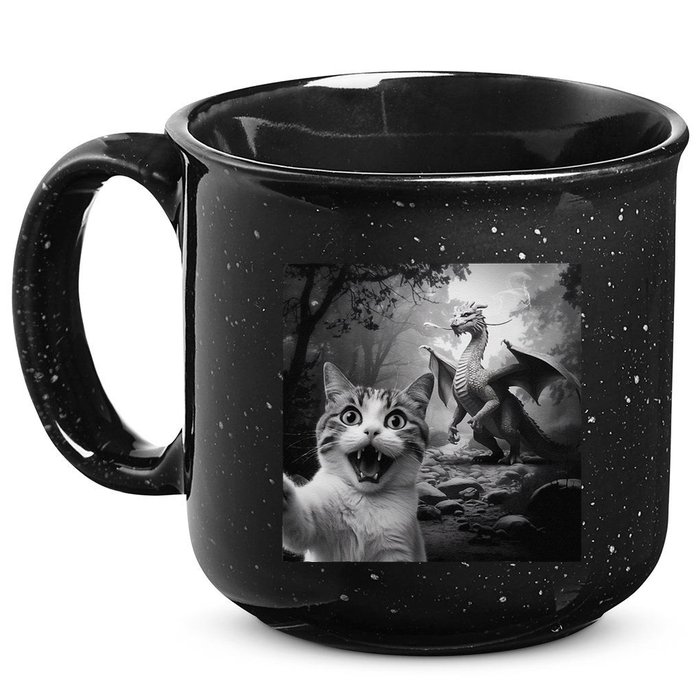 Funny Surprised Scared Cat Selfie With Dragon 15oz Campfire Ceramic Mug