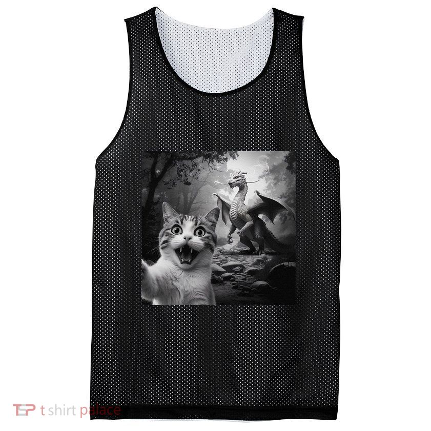 Funny Surprised Scared Cat Selfie With Dragon Mesh Reversible Basketball Jersey Tank