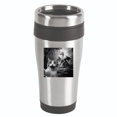 Funny Surprised Scared Cat Selfie With Dragon 16oz Travel Tumbler