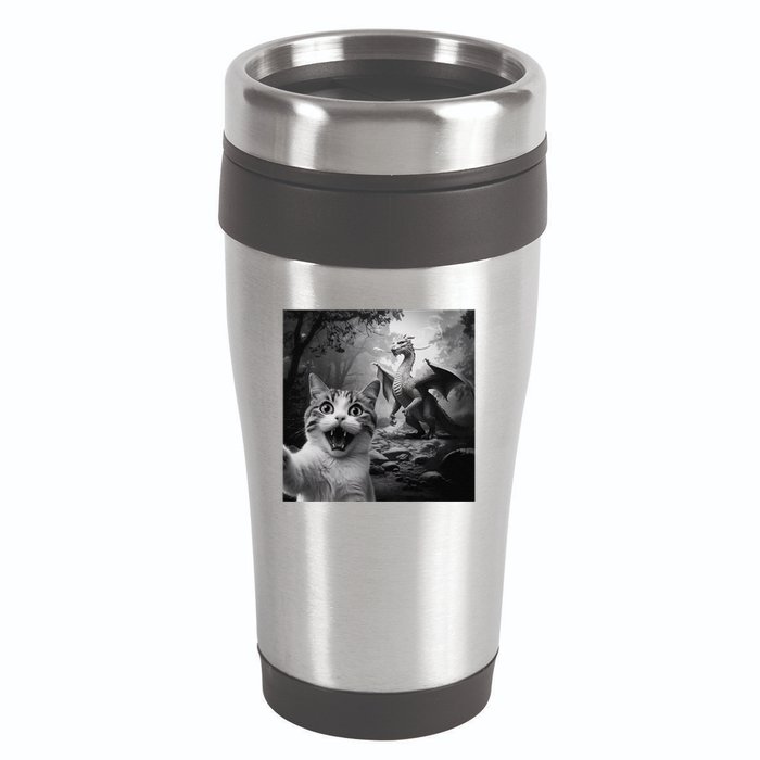 Funny Surprised Scared Cat Selfie With Dragon 16oz Travel Tumbler