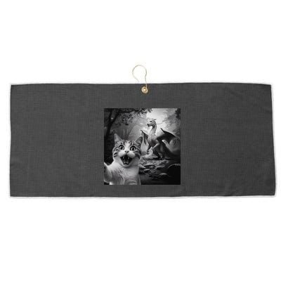 Funny Surprised Scared Cat Selfie With Dragon Large Microfiber Waffle Golf Towel