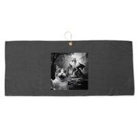 Funny Surprised Scared Cat Selfie With Dragon Large Microfiber Waffle Golf Towel