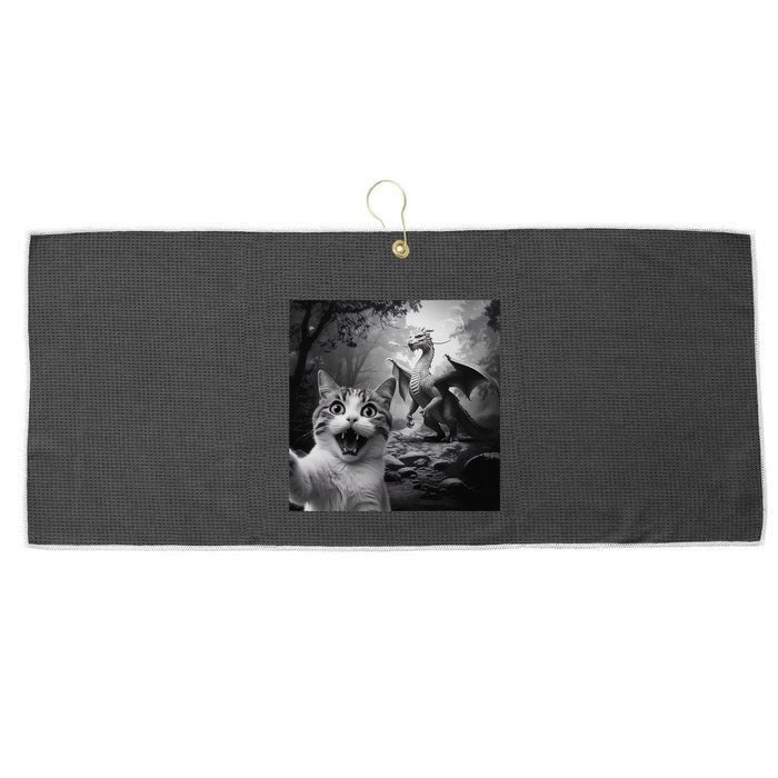 Funny Surprised Scared Cat Selfie With Dragon Large Microfiber Waffle Golf Towel