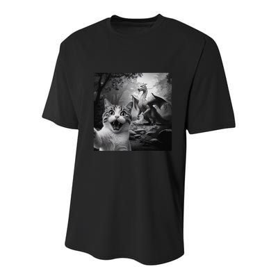 Funny Surprised Scared Cat Selfie With Dragon Youth Performance Sprint T-Shirt