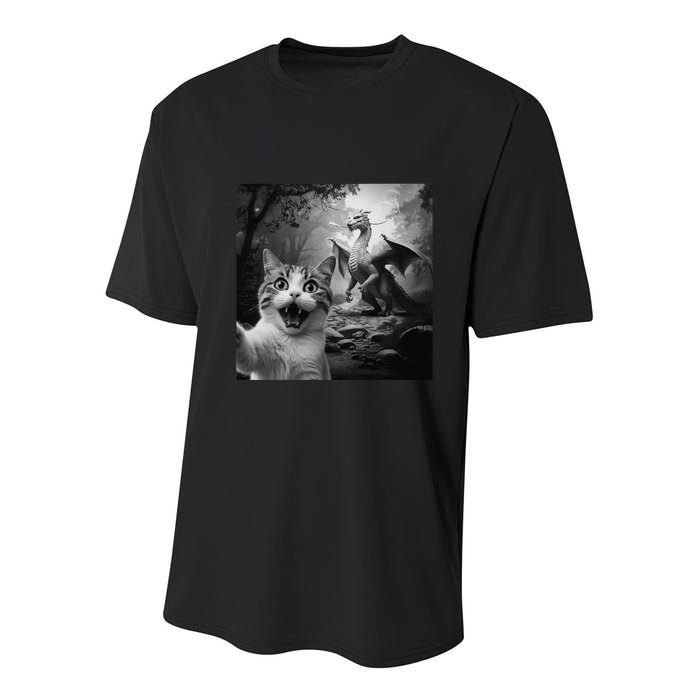 Funny Surprised Scared Cat Selfie With Dragon Youth Performance Sprint T-Shirt