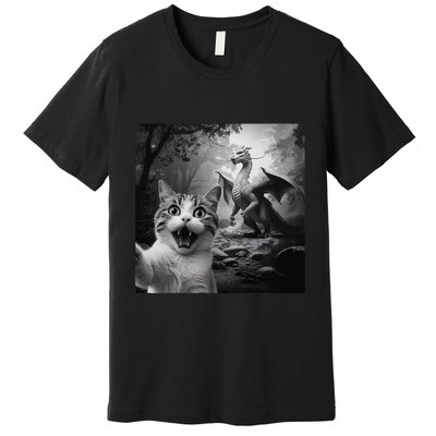 Funny Surprised Scared Cat Selfie With Dragon Premium T-Shirt