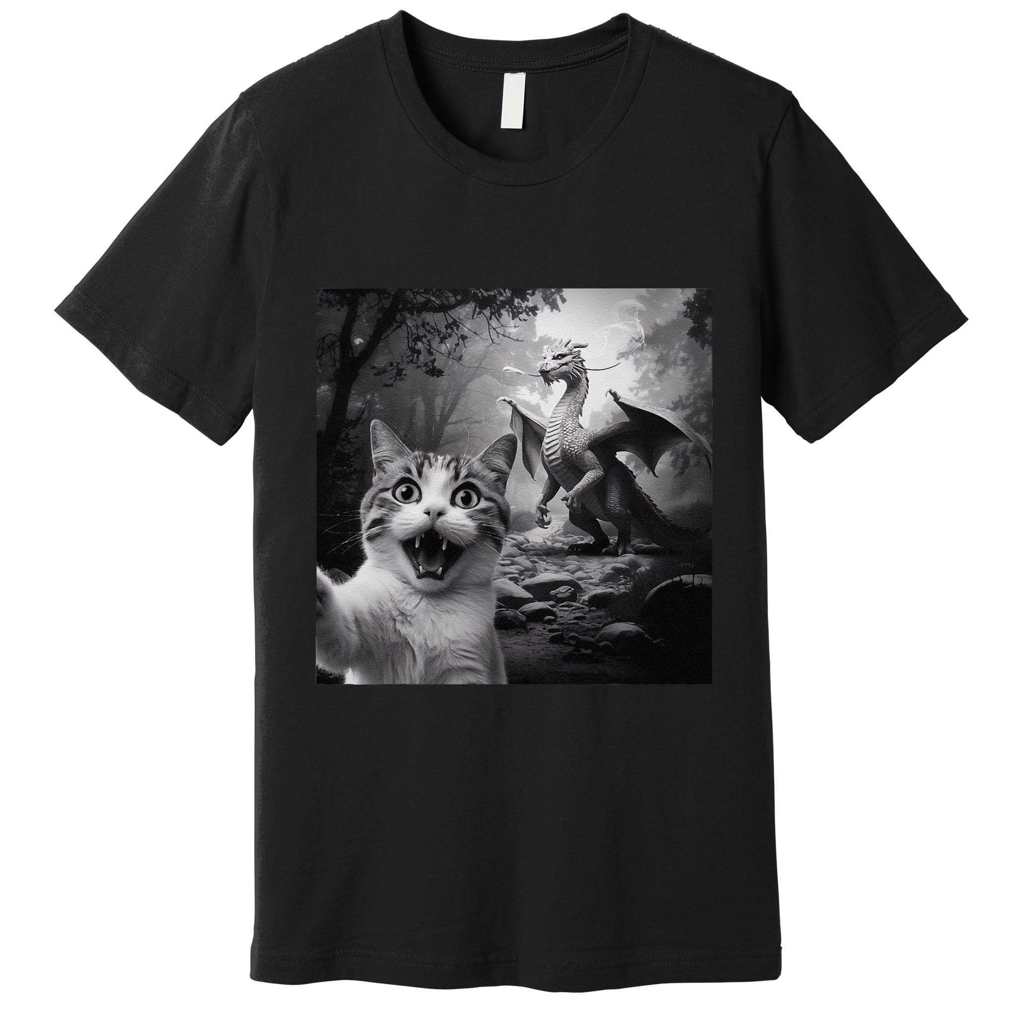Funny Surprised Scared Cat Selfie With Dragon Premium T-Shirt