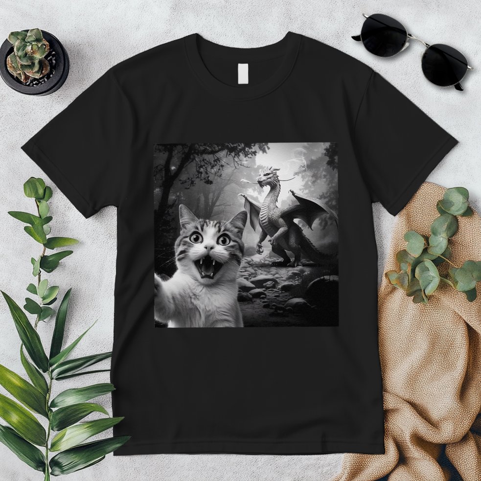 Funny Surprised Scared Cat Selfie With Dragon Premium T-Shirt