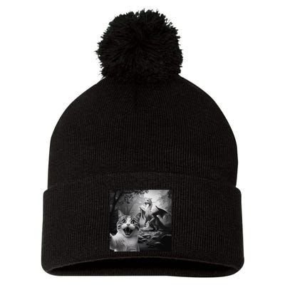 Funny Surprised Scared Cat Selfie With Dragon Pom Pom 12in Knit Beanie