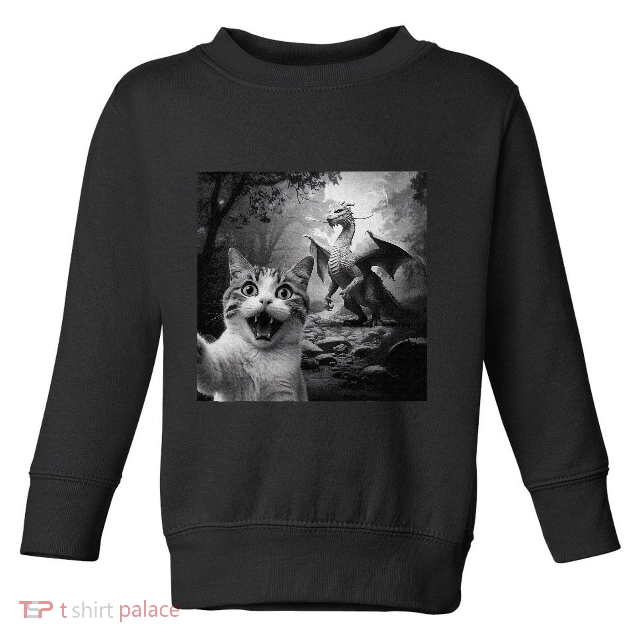 Funny Surprised Scared Cat Selfie With Dragon Toddler Sweatshirt